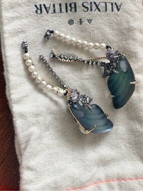 Alexis Bittar Pearl and Teal Petal Drop Earrings Clip on with Crystal Accents